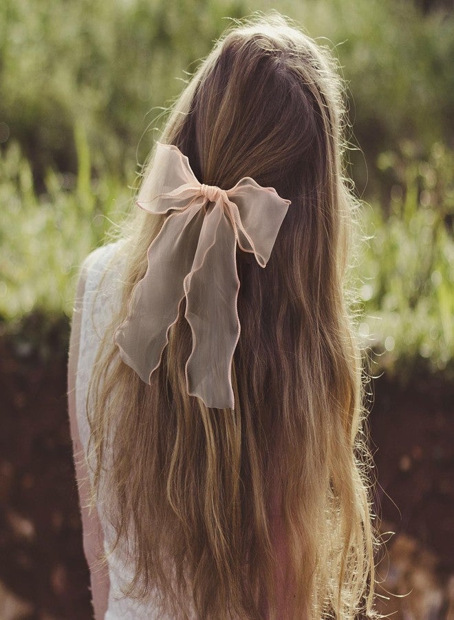 STSTR 2Pcs Large Bow Hair Ties, Pink Organza Ribbon Bow Hair Scrunchies for Women, Elegant Long Tail Bowknot Ponytail Holder French Hair Accessories for Wedding, Parties, Festivals - Image 5